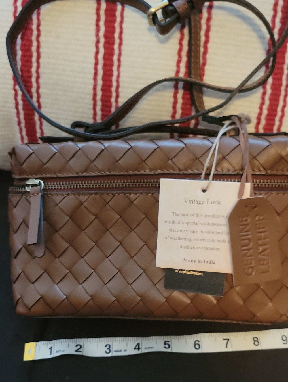 Genuine Leather Woven Crossbody Bag - Brown